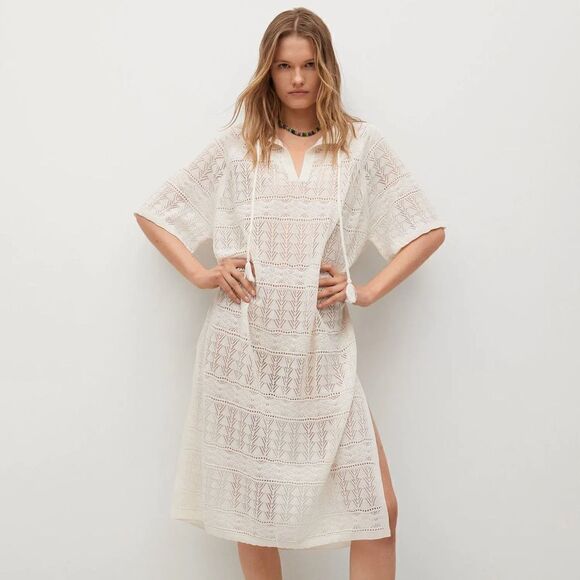 Mango Knit Kaftan Dress New Openwork - Picture 1 of 6
